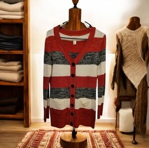 Canyon River Blues Red Black Metallic Button Down Sweater Size Medium